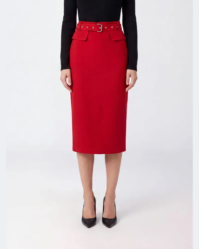 Pinko Taillenhoher Cady-Bleistift-Midirock mit rückseitigem Schlitz Rot