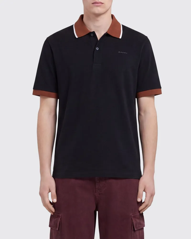 Marni Baumwoll-Poloshirt mit Kontrastpaspeln und gestreiftem Kragen Schwarz