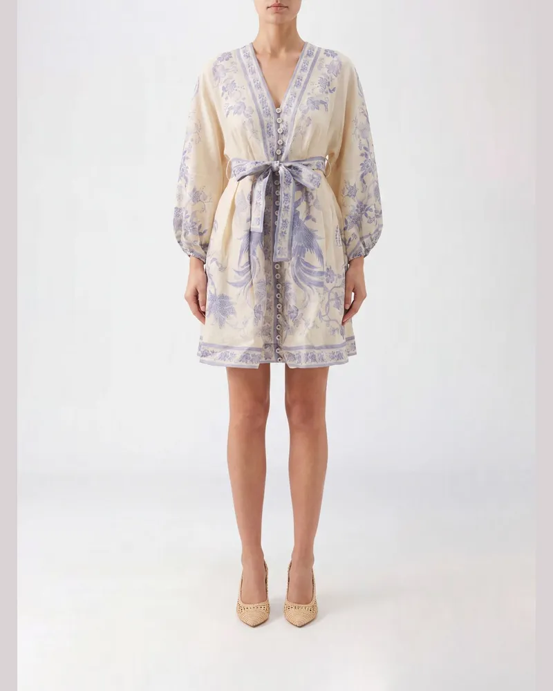 Zimmermann Mini-Tunika von aus Leinen mit Blumendruck und Ballonärmeln Cream