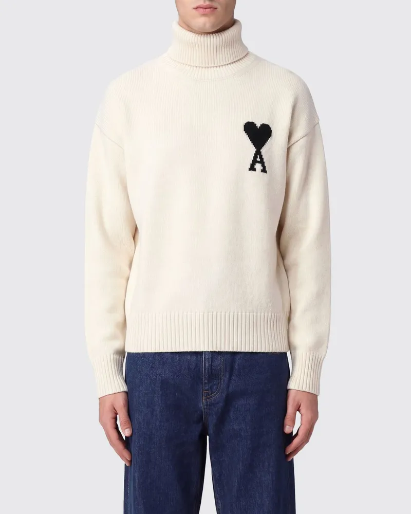 AMI Paris Rollkragenpullover aus Wolle mit Jacquard-Logo und überschnittenen Schultern Weiß