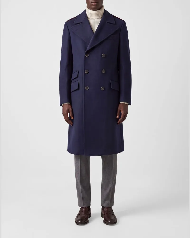 Brunello Cucinelli Knielanger Zweireiher-Wollmantel mit Revers Navy