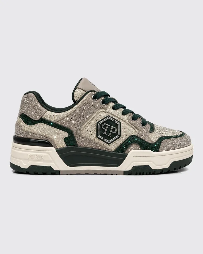 Philipp Plein Predator V2 Leder-Sneaker mit Kristallen und Hexagon-Logo Grün