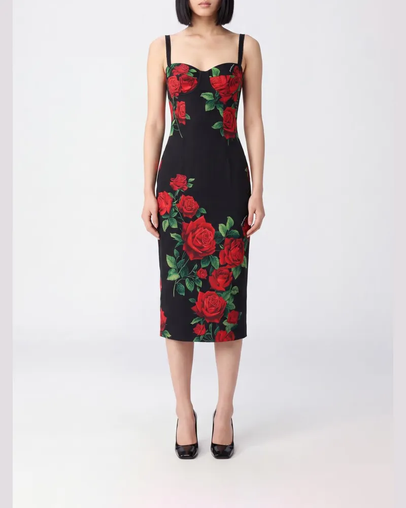 Dolce & Gabbana DOLCE  GABBANA Dolce & Gabbana Bustier-Midikleid aus Satin mit Blumendruck Rot