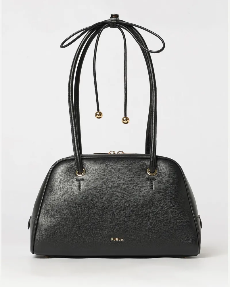 Furla Mittelgroße Poppy Schultertasche aus Leder mit doppeltem Henkel und Quasten Schwarz