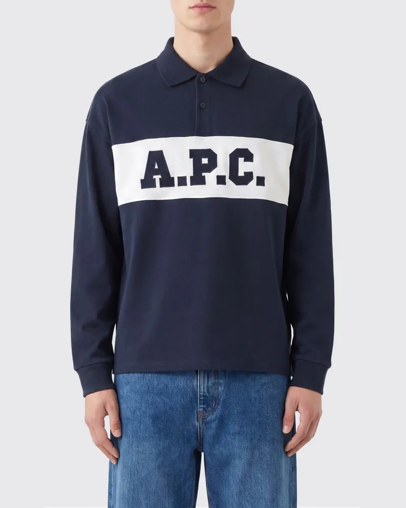 A.P.C. Langärmeliges Poloshirt aus Baumwolle mit Kontrastlogo Navy