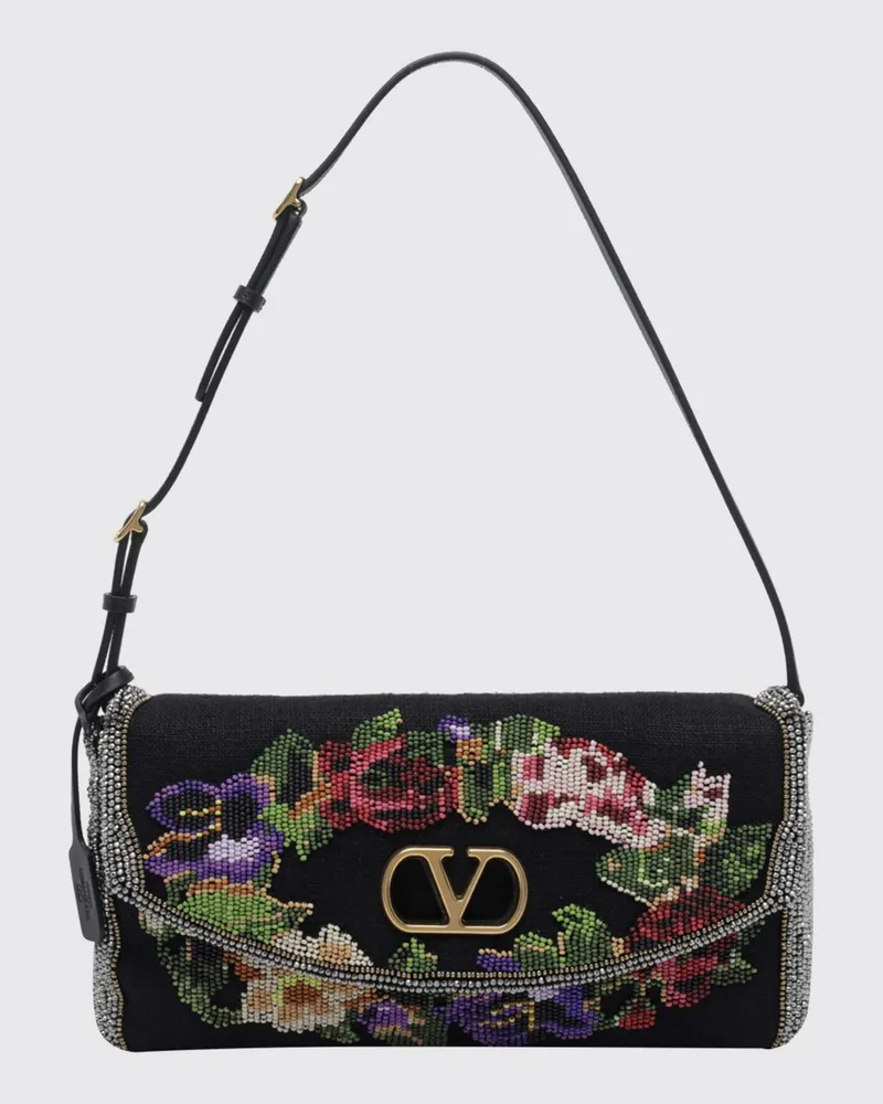 Valentino Garavani Schultertasche aus Satin mit Blumenstickerei und VLogo Signature Schwarz
