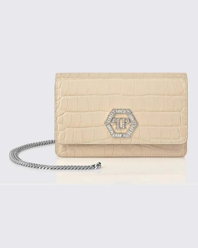 Philipp Plein Clutch aus Krokoprägung Leder mit Strass-Hexagon Beige