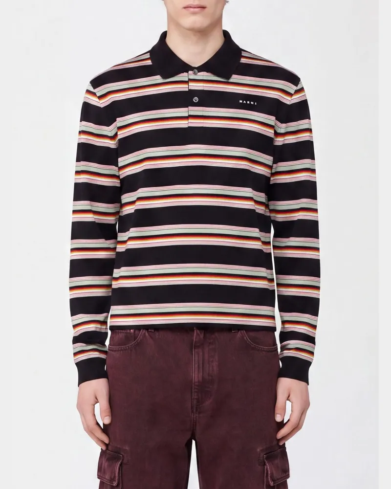 Marni Langärmeliges gestreiftes Baumwoll-Poloshirt mit Kontrastlogo Fa01