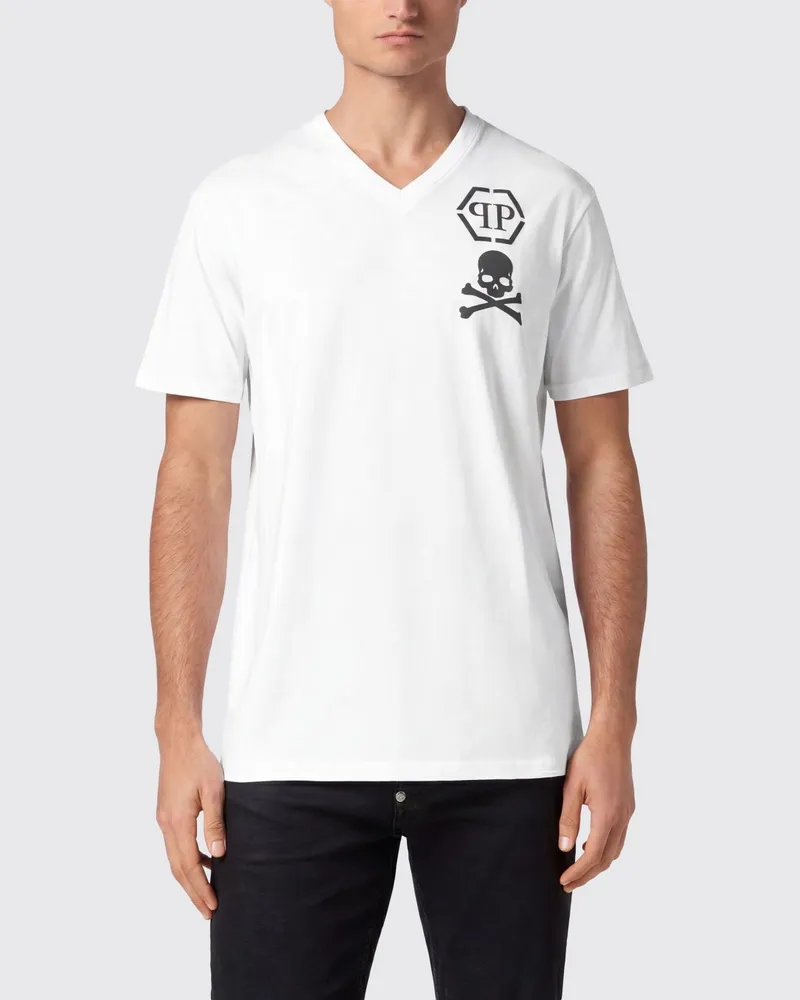 Philipp Plein V-Ausschnitt T-Shirt aus Baumwolle mit Monogramm-Logo Weiß