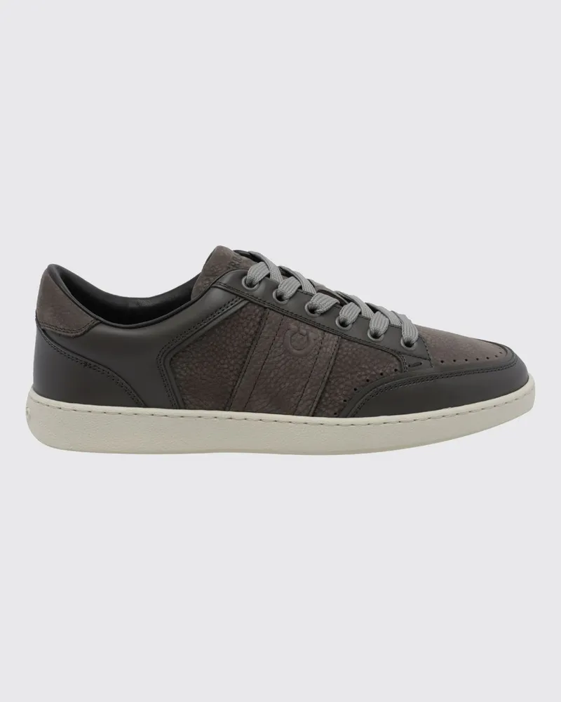 Ferragamo Low-Top-Sneaker aus Kalbsleder und Nubuk mit Gancini-Logo Grau
