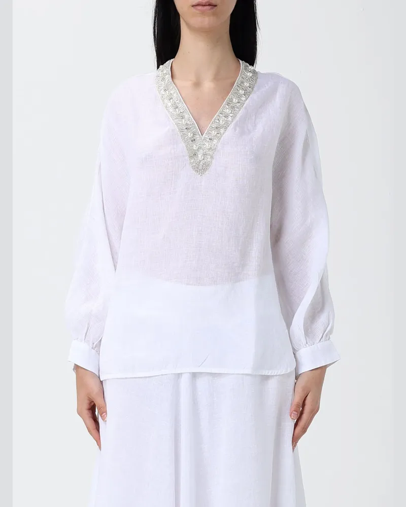 120% Lino Leinenbluse mit Perlen Weiß