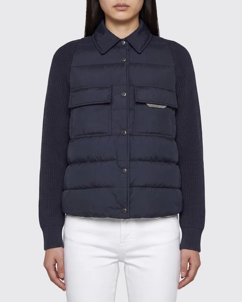 Brunello Cucinelli Kurze gesteppte Daunenjacke von aus Nylon, Seide und Kaschmir Blau