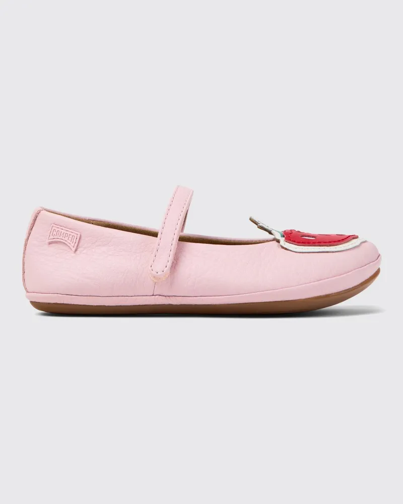 Camper Twins Lederballerinas mit Erdbeerstickerei von Pink