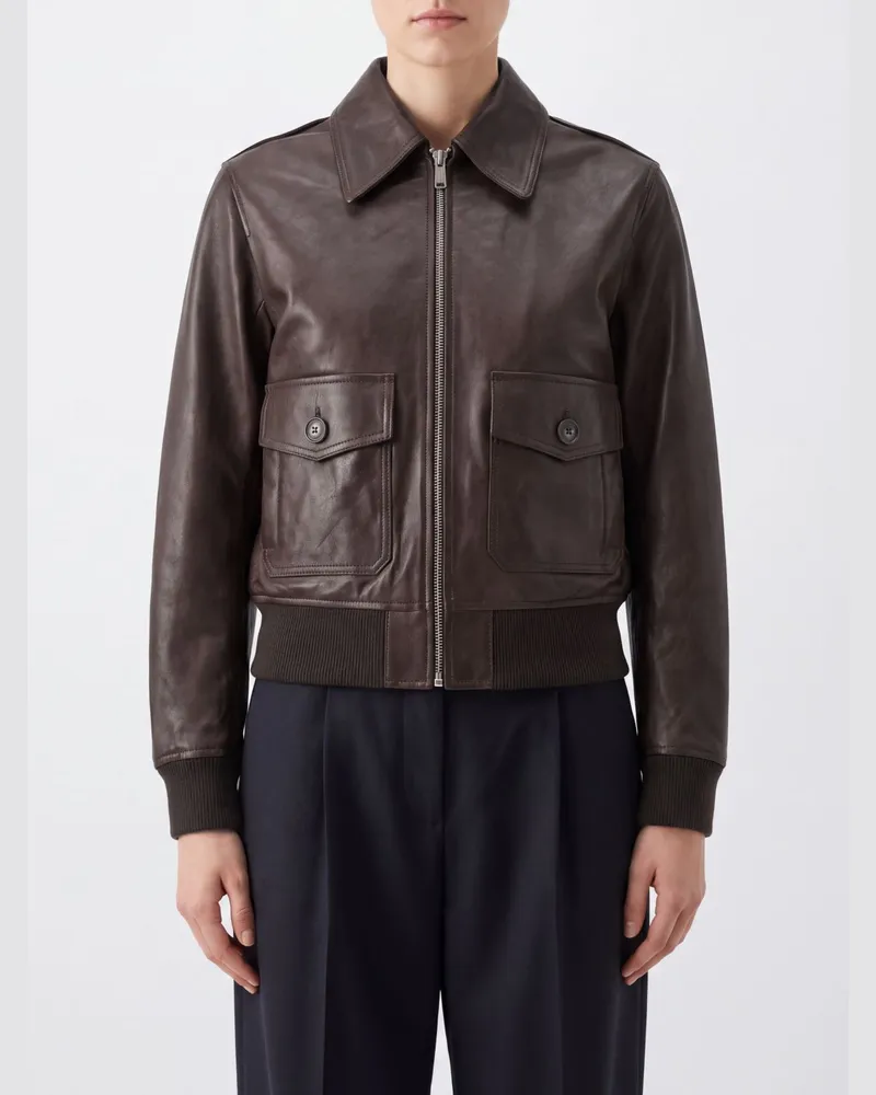 A.P.C. Bomberjacke aus Rindsleder mit klassischem Kragen und Reißverschluss Braun