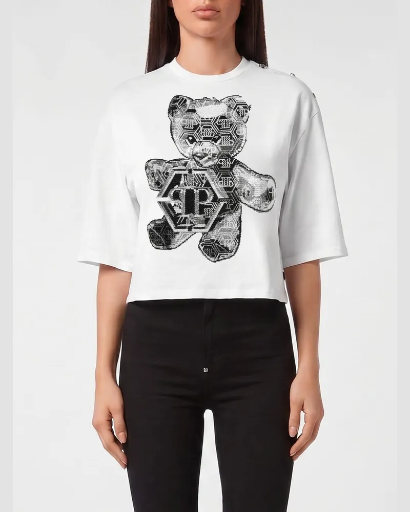 Philipp Plein Jersey-T-Shirt von mit Teddybär-Print und Strass-Hexagon-Logo Weiß