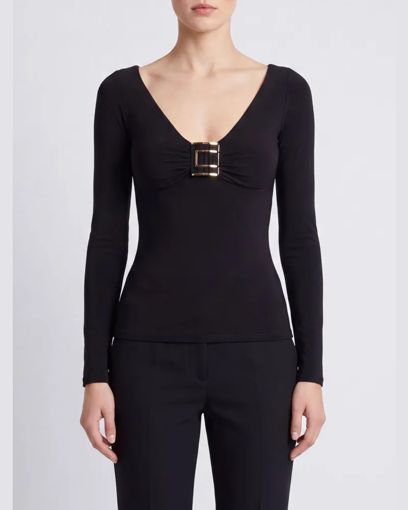 Elisabetta Franchi Langärmeliges Slim-Fit-Top aus Stretch-Viskose mit V-Ausschnitt Schwarz