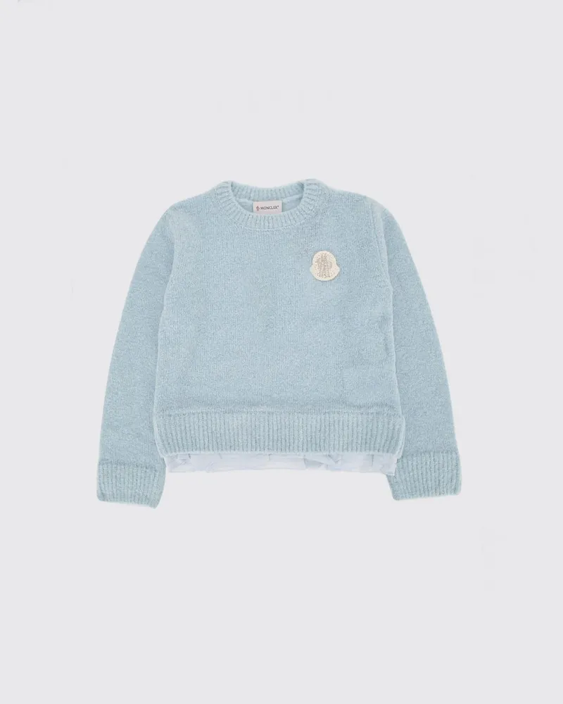 Moncler Rundhalspullover aus Bouclé-Schurwolle für Jungen mit Logo-Patch Blau