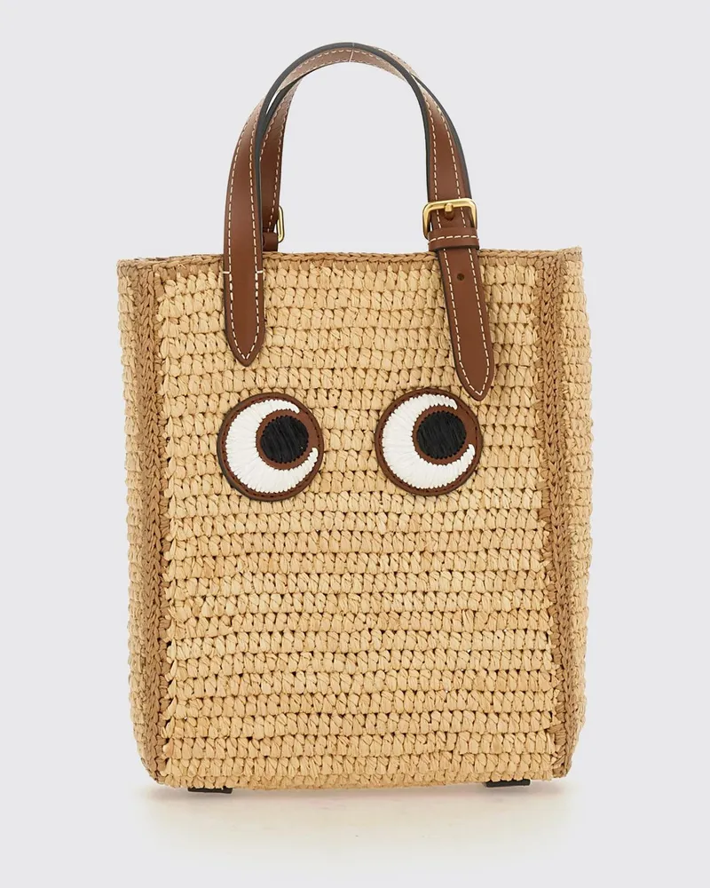 Anya Hindmarch Eyes Mini-Handtasche aus Bast mit Grafikdruck und doppeltem Henkel Beige