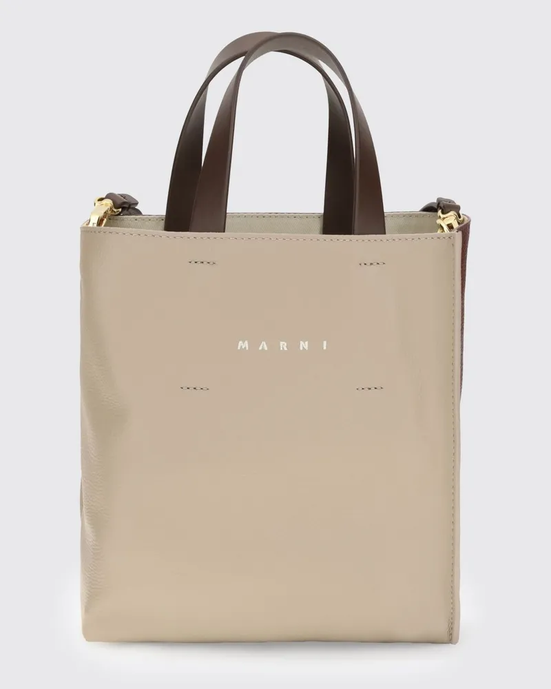 Marni Mini-Tote-Bag Museo aus zweifarbigem Leder mit Schulterriemen Burgunderrot