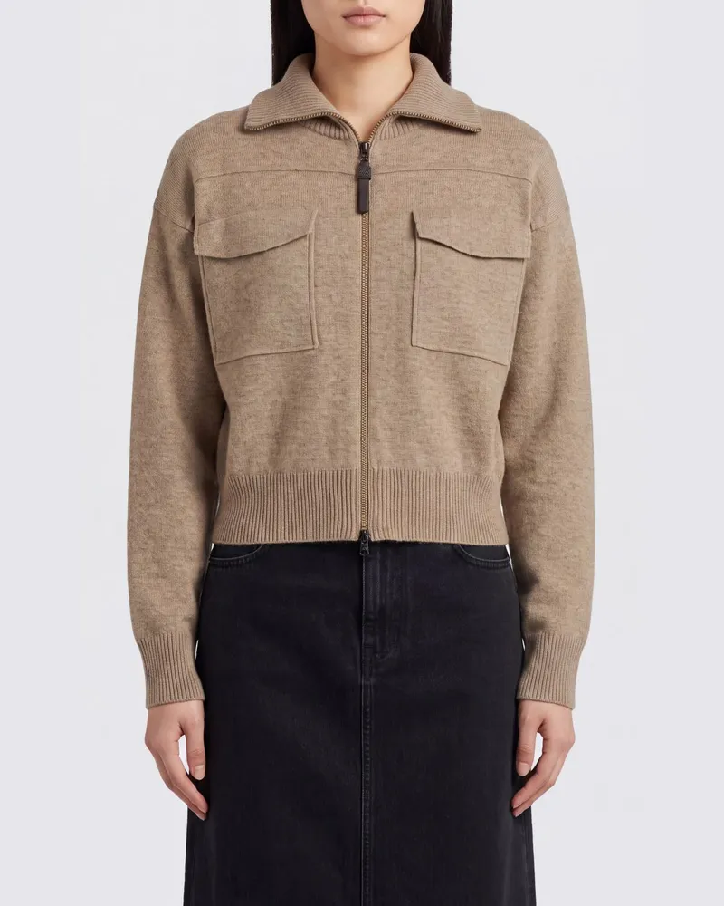 Brunello Cucinelli Cardigan aus Kaschmirmischung mit Kragen und Reißverschluss Beige