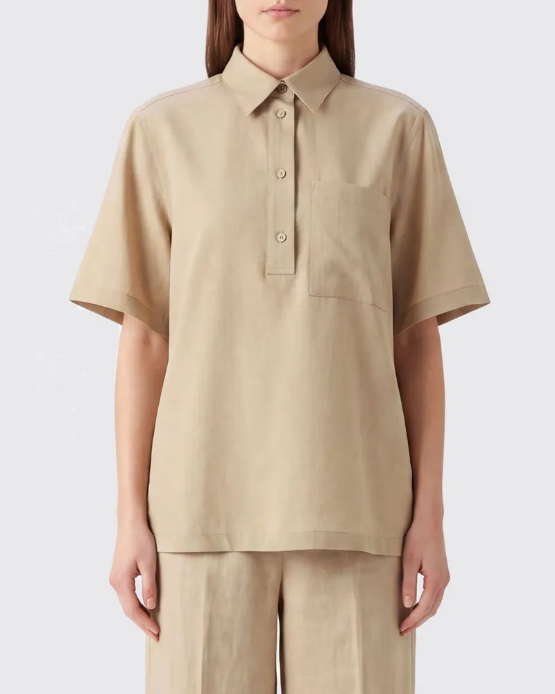 Totême Polohemd in Relaxed Fit aus Woll-Viskose-Mischung mit überschnittenen Schultern Beige