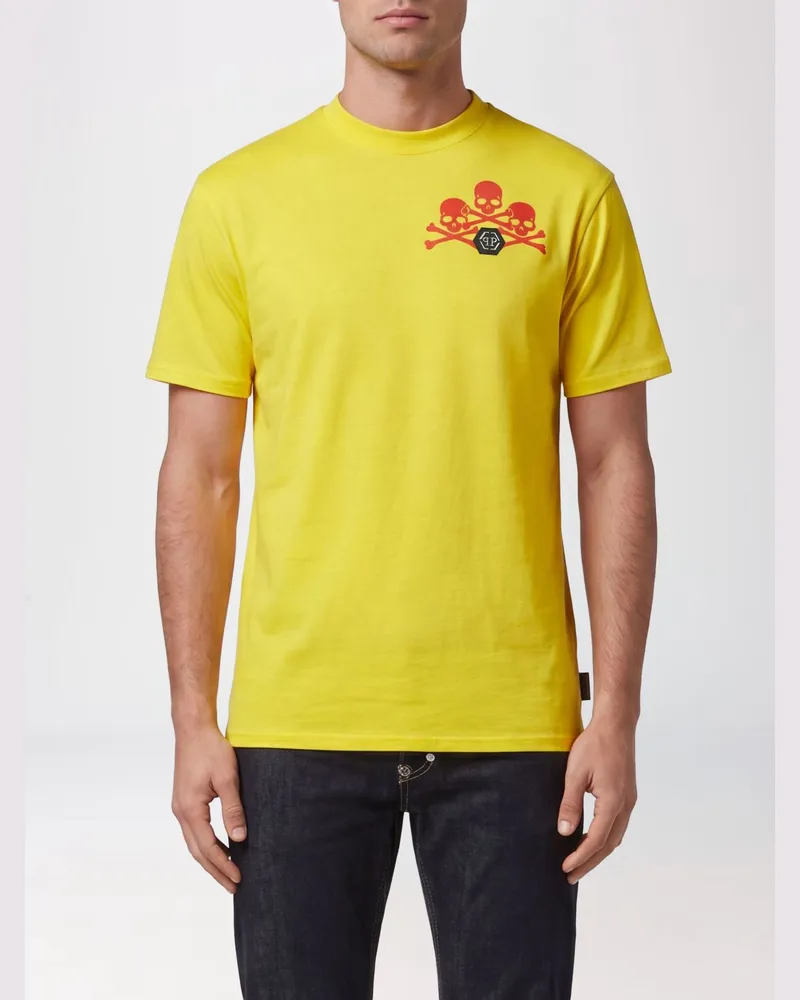 Philipp Plein Baumwoll-T-Shirt mit Totenkopf-Print und Monogramm-Motiv Gelb