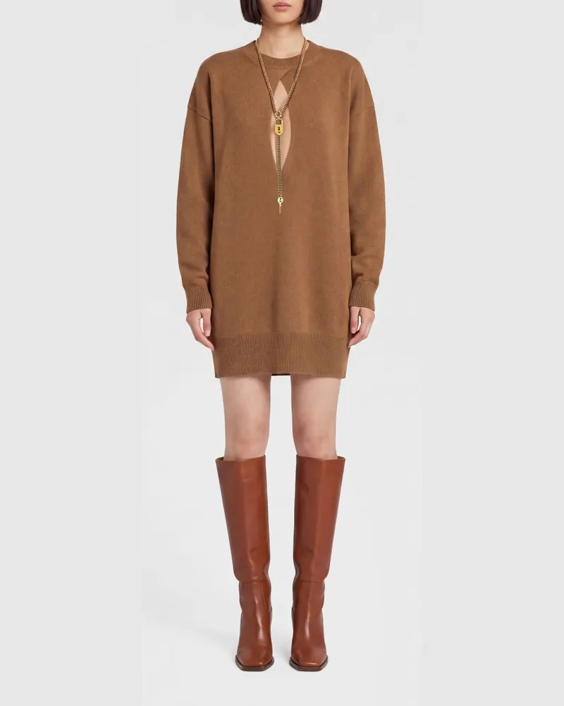 Elisabetta Franchi Minikleid aus Strick von mit Cut-Outs und Schmuckapplikationen Braun