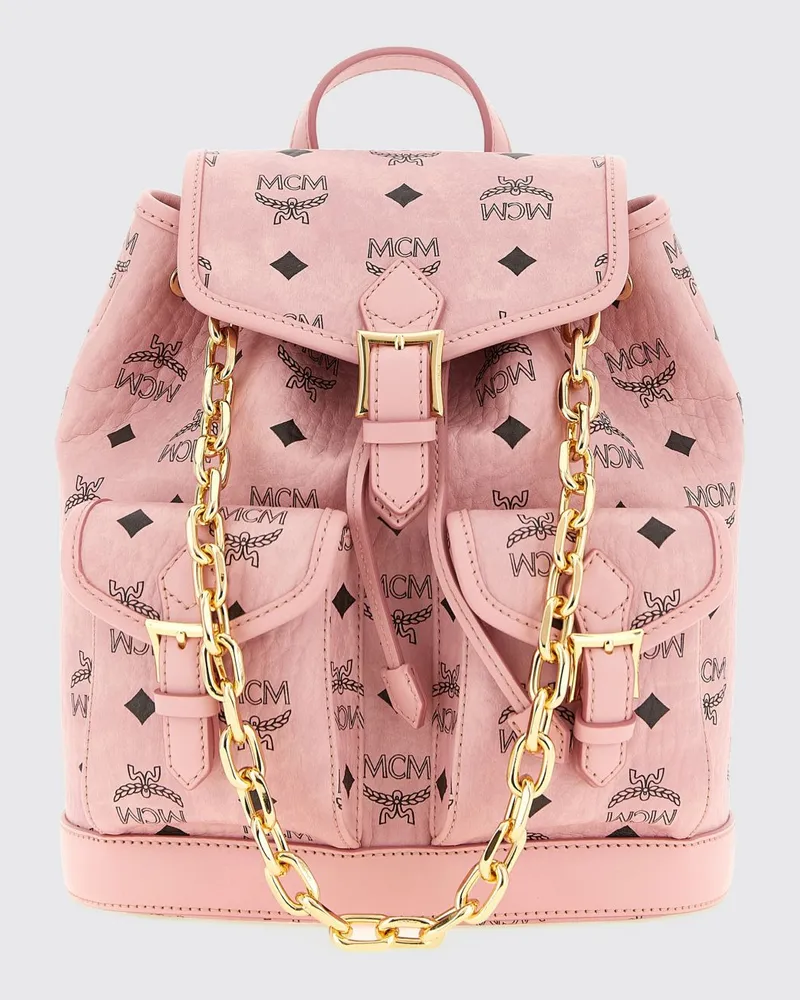 MCM Rucksack aus beschichteter Baumwolle mit Logo-Print, Klappe und Kordelzug Pink