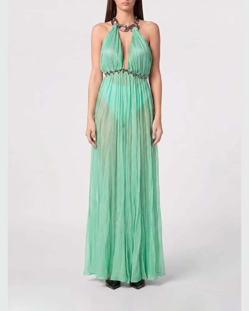 Philipp Plein Langes Chiffon-Abendkleid mit Neckholder und Gürtel Türkis