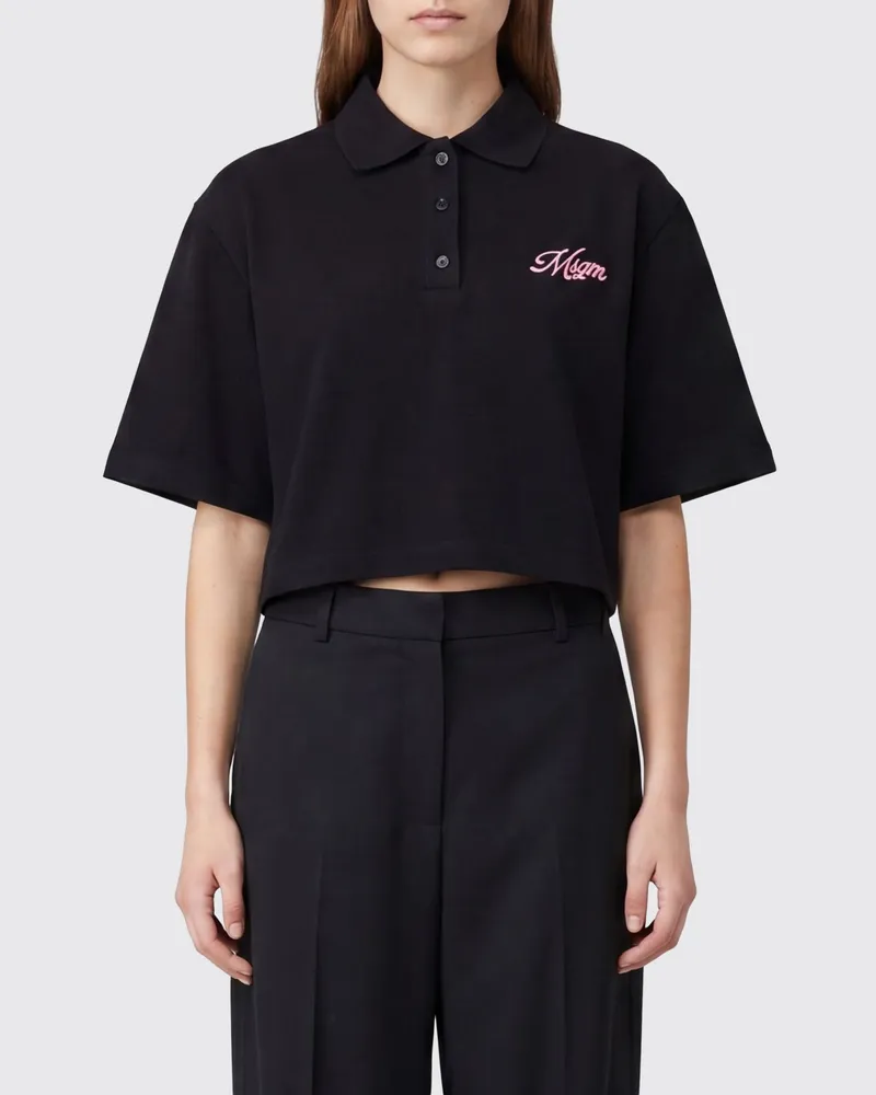 MSGM Logo Baumwoll-Crop-Polohemd Schwarz