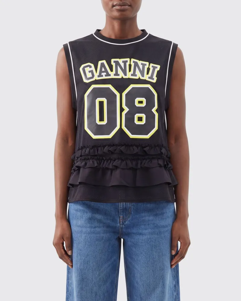 Ganni Ärmelloses Polyester-Top mit Logo-Print und Volants Schwarz