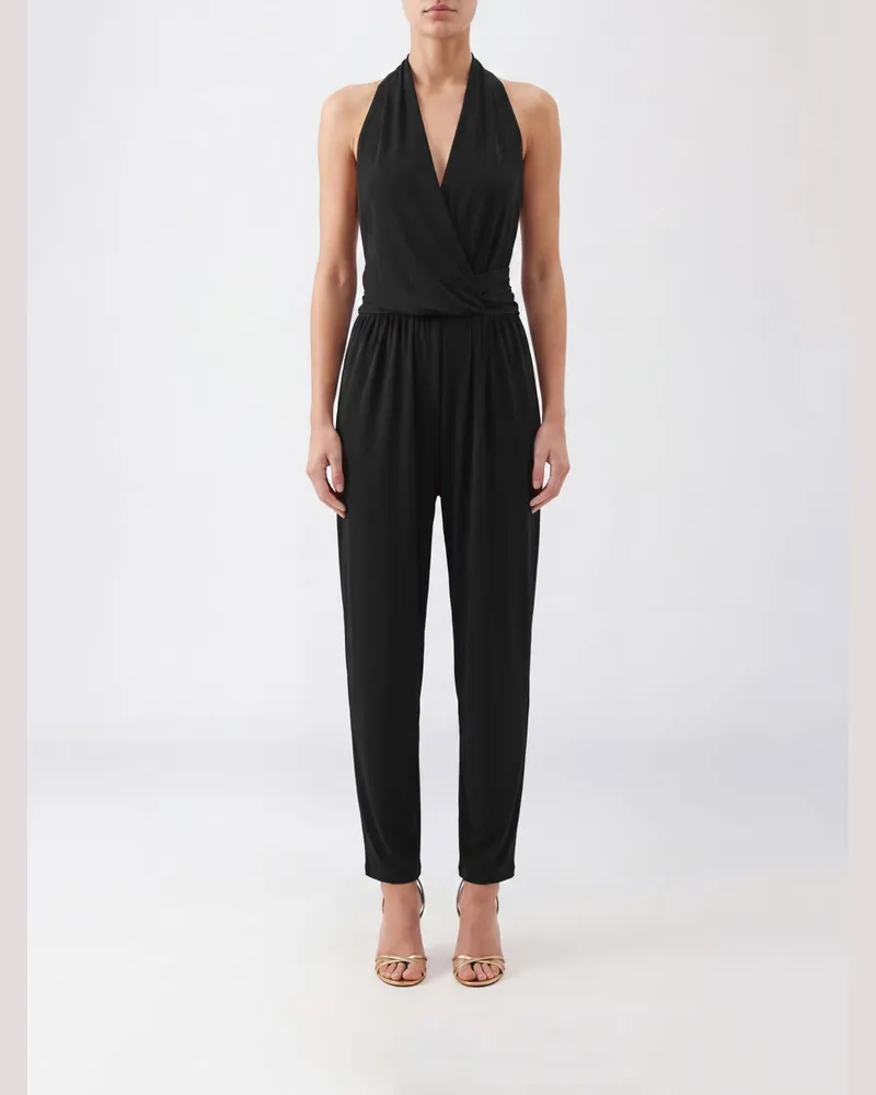 ANDAMANE Drapierter Jumpsuit mit V-Ausschnitt und freien Schultern Schwarz