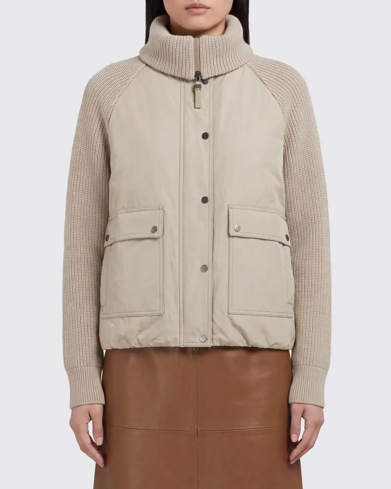 Brunello Cucinelli Gepolsterter Cardigan aus Wollstrick mit aufgesetzten Taschen Beige
