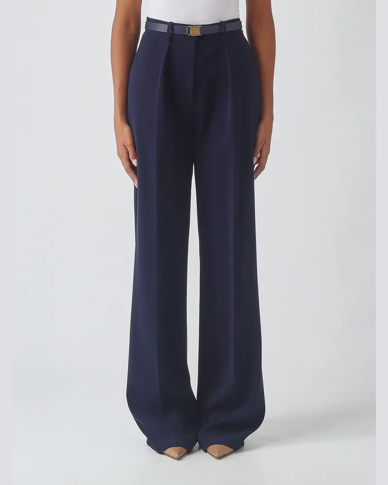 Elisabetta Franchi High-Waist Crêpe-Hose mit weitem Bein und Logogürtel Blau