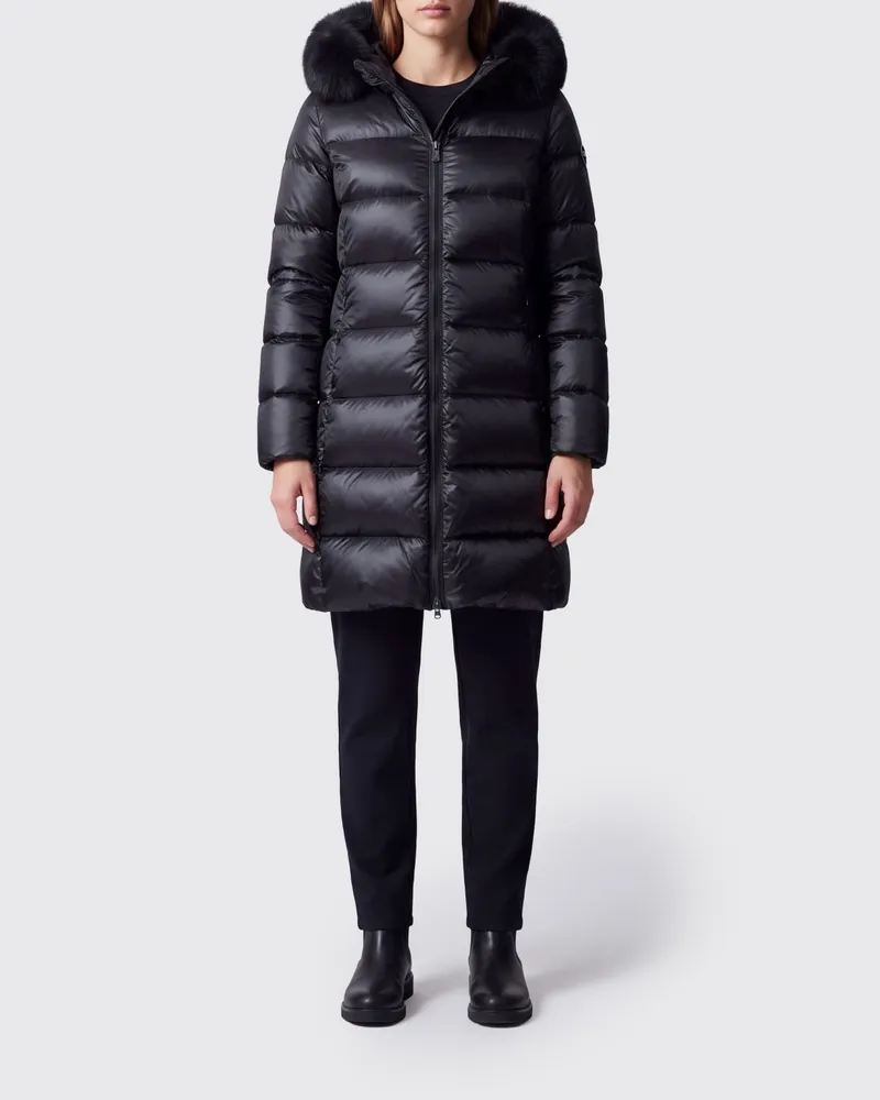 Colmar Gesteppte knielange Daunenjacke mit Shearling-Kapuze Schwarz