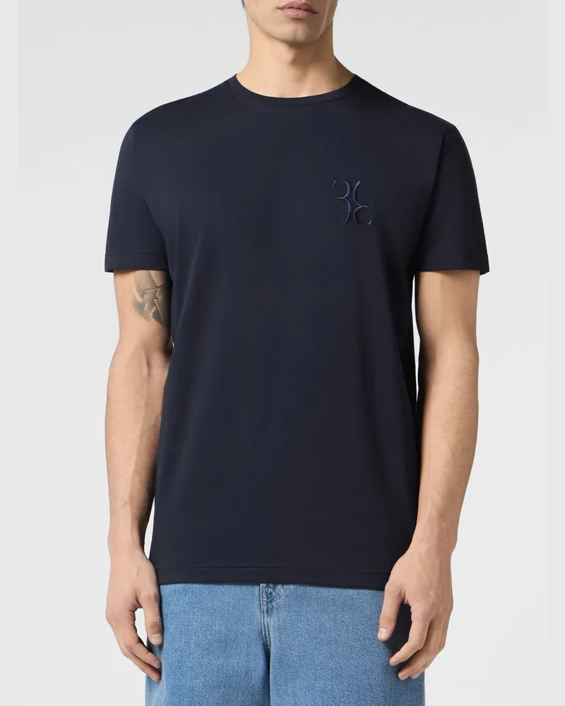 Billionaire Baumwoll-T-Shirt mit Rundhalsausschnitt und Ton-in-Ton-Logostickerei Blau