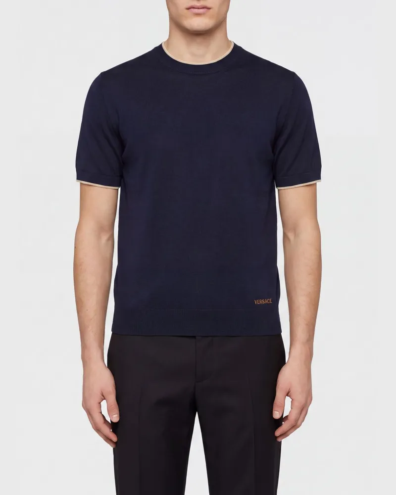 Versace Kurzärmeliger Wollpullover mit Rundhalsausschnitt mit Kontrastbesatz Navy
