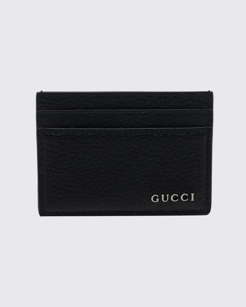 Gucci Kartenetui aus genarbtem Leder mit metallischem Logo und vier Schlitzen Schwarz