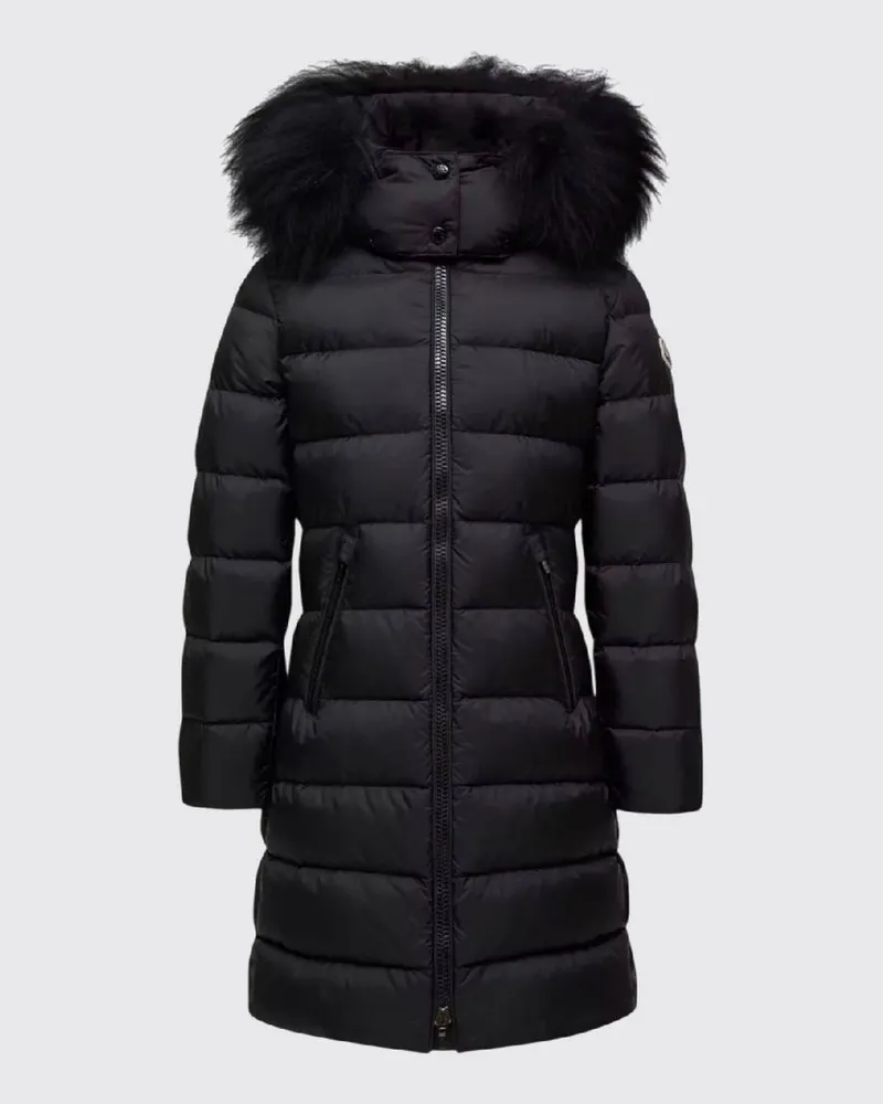 Moncler Lange Nylon-Daunenjacke für Jungen mit Shearling-Kapuze Schwarz