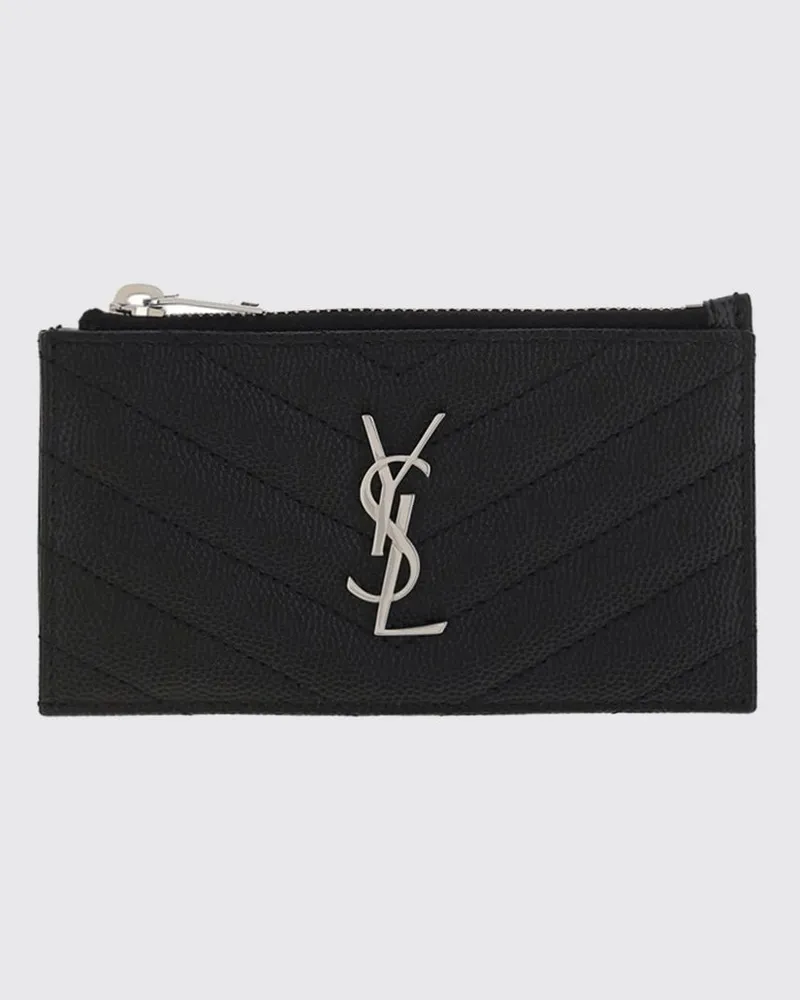 Saint Laurent Kartenetui aus Grain de Poudre-Leder mit Chevron-Muster und YSL-Logo Schwarz