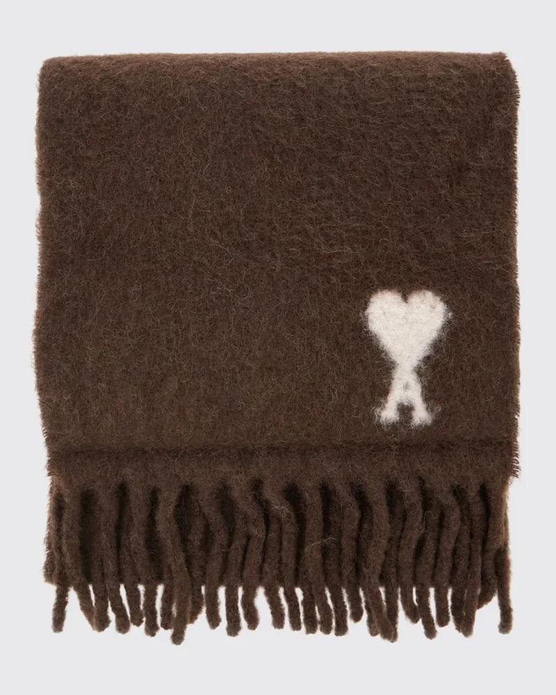 AMI Paris Schal aus Alpakawollmischung mit Ami de Cœur-Logo und Fransen Braun