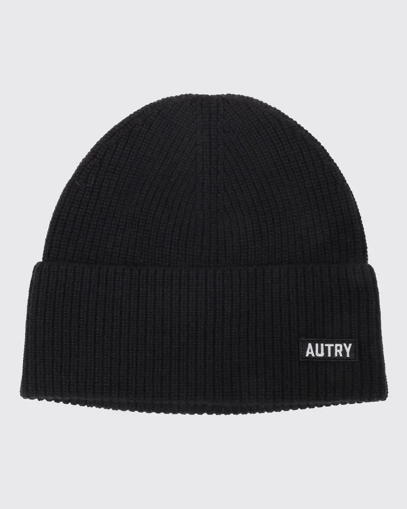 AUTRY Beanie-Mütze aus Wolle mit Umschlag und aufgesetztem Logo-Patch Schwarz