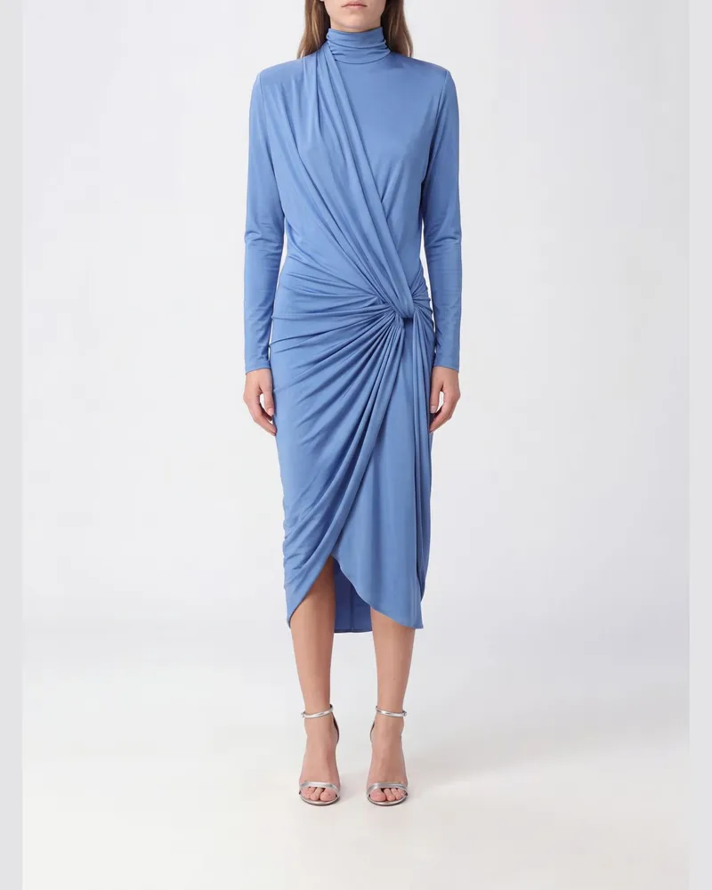 Balmain Asymmetrisches, drapiertes Midi-Kleid aus Jersey mit hohem Kragen Navy