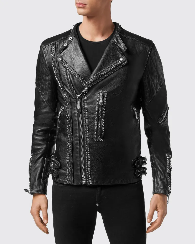 Philipp Plein Slim-Fit Bikerjacke aus Kalbsleder mit Nieten Schwarz
