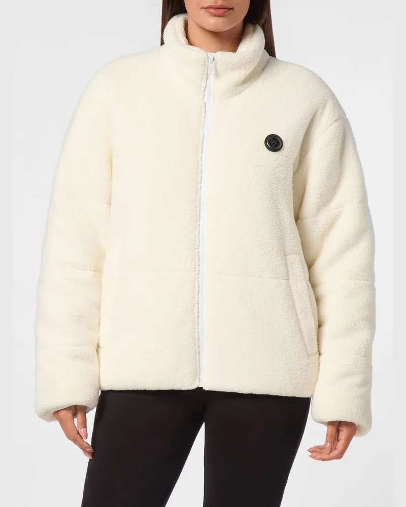 Philipp Plein Kurze Sportjacke in Relaxed Fit aus Fleece mit Stehkragen Weiß