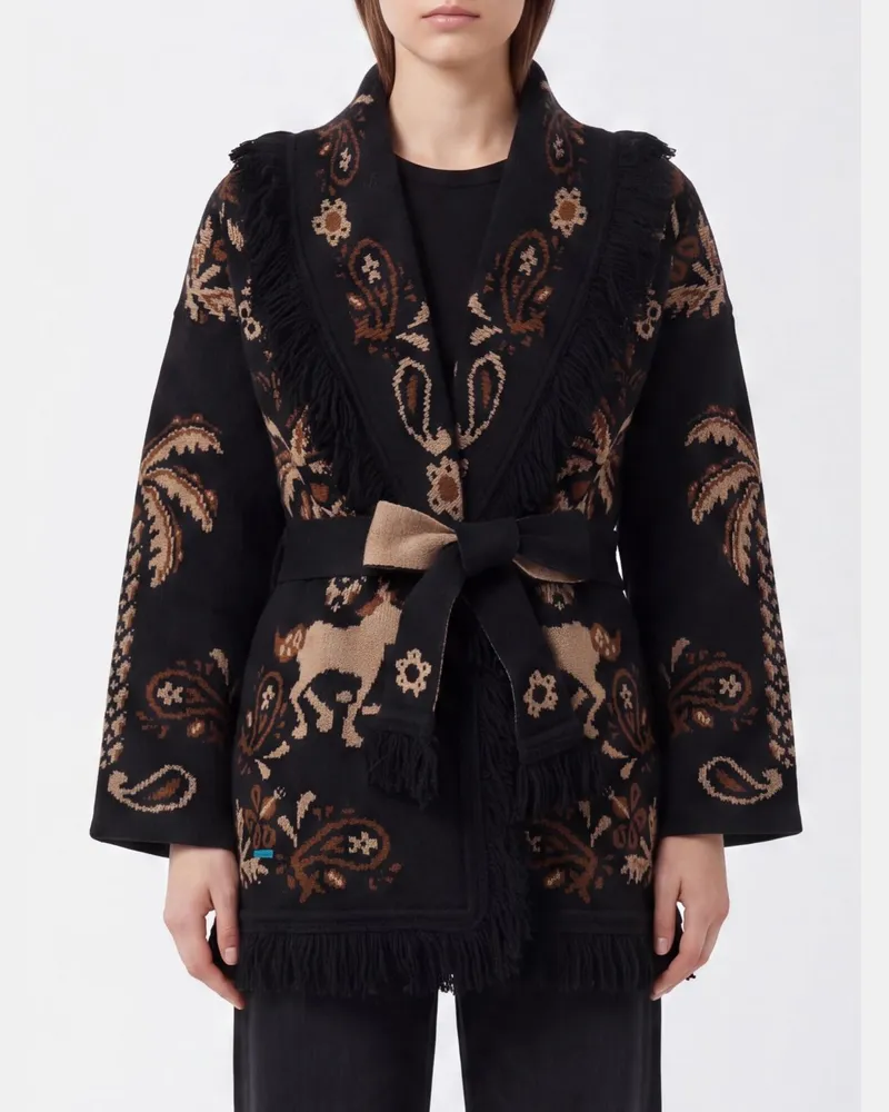 Alanui Jacquard-Cardigan aus Woll-Kaschmir-Mischung mit Fransenbesatz und Gürtel Beige