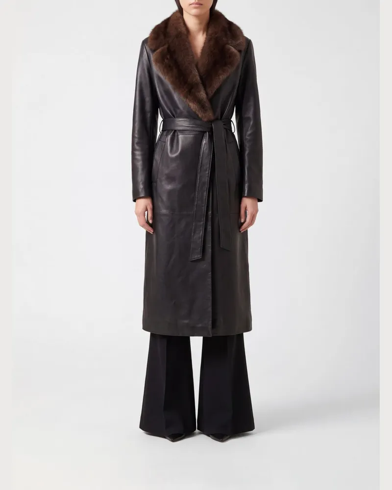 Salvatore Santoro Lange Ledermanteljacke im Robe-Stil mit Pelzkragen Schwarz