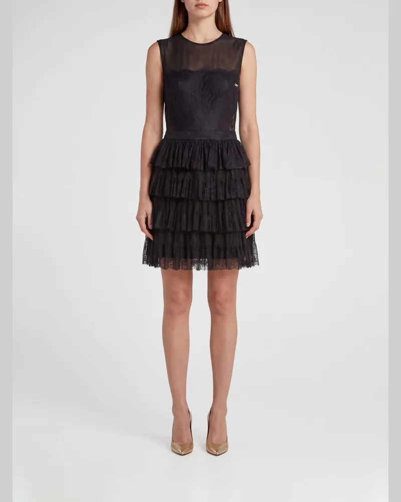Elisabetta Franchi A-Linien-Minikleid aus Spitze und Tüll von mit Rüschen und schulterfrei Schwarz