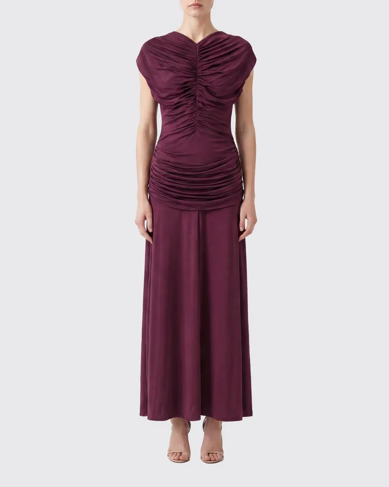 Self-Portrait Gedrapiertes langes Jerseykleid mit V-Ausschnitt Burgunderrot