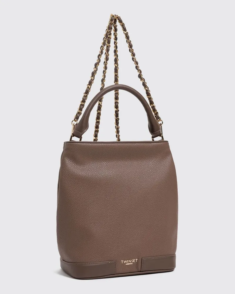Twin-Set Bucket Bag aus genarbtem Leder mit Kettenriemen Braun